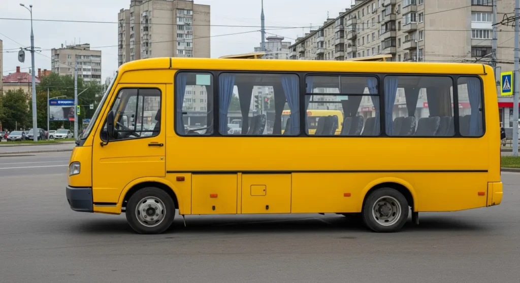 Жовта маршрутка на вулицях міста.