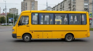 Жовта маршрутка на вулицях міста.