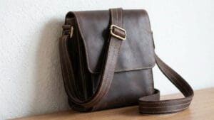 Компактна шкіряна чоловіча сумка через плече на дерев'яній поверхні, поруч з білою стіною.