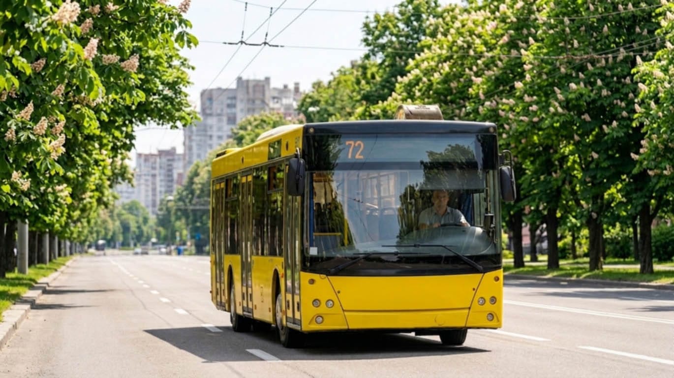 72 автобус у місті Києві на вулиці з квітучими каштанами.